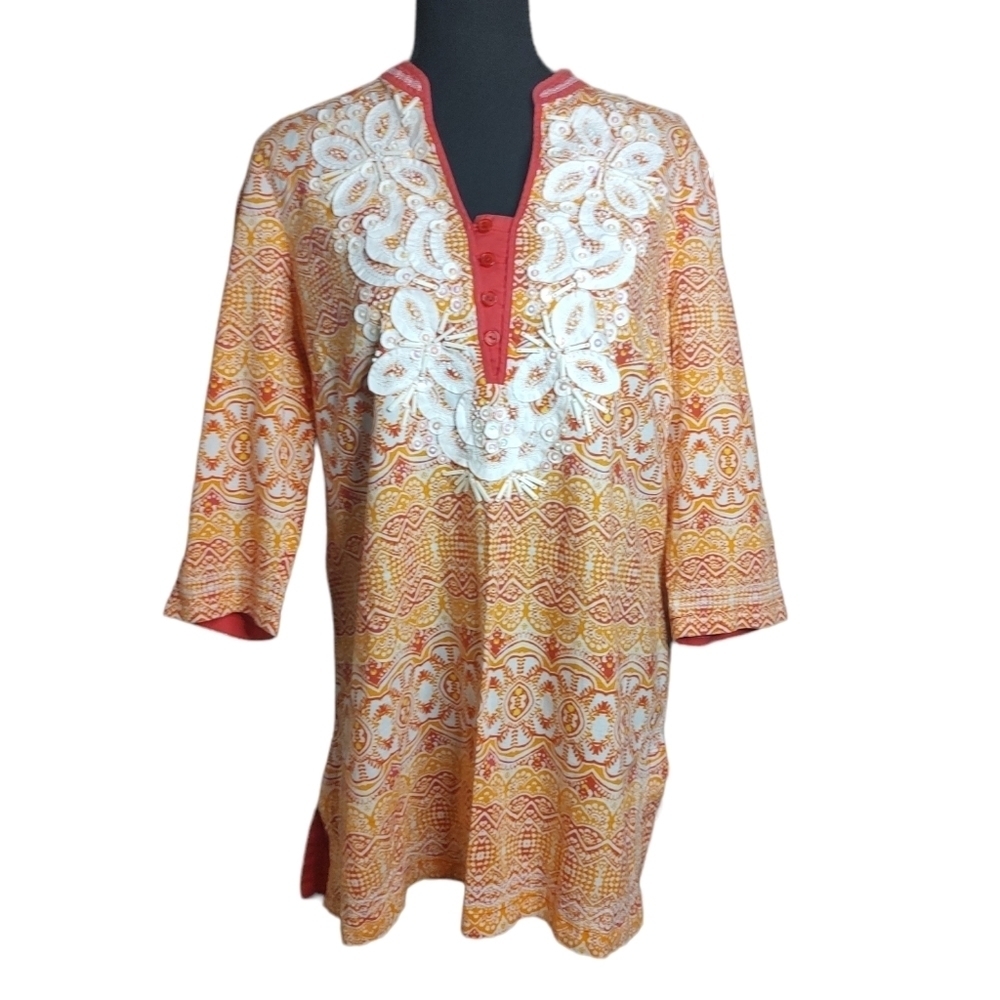 Indikka 3/4 Sleeve Beaded Cotton Tunic Sz.L